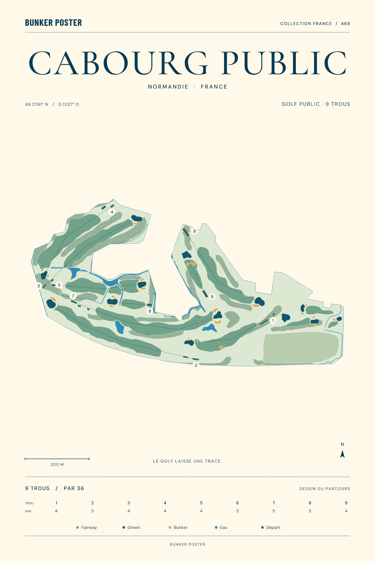 Affiche Golf public de Cabourg — marine — formats 30 × 45 / 40 × 60 / 60 × 90 cm