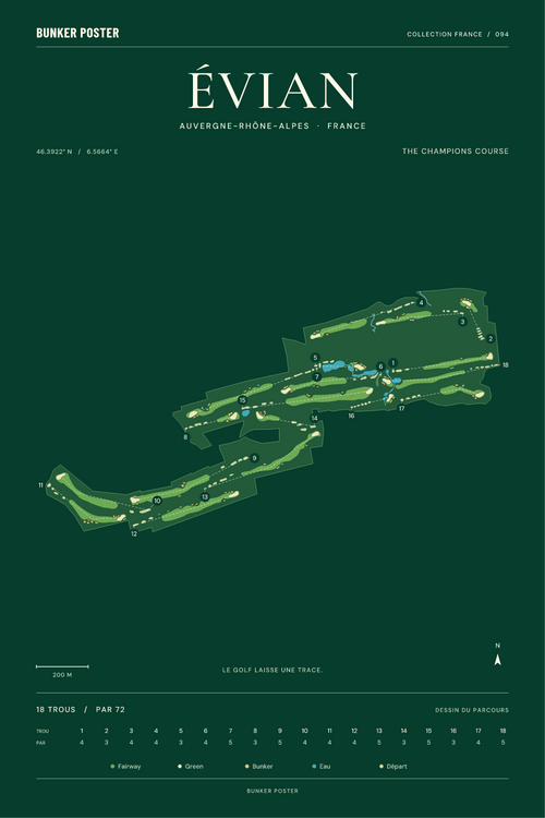 Affiche Evian Resort Golf Club – The Champions Course — Vert club — formats 30 × 45 / 40 × 60 / 60 × 90 cm