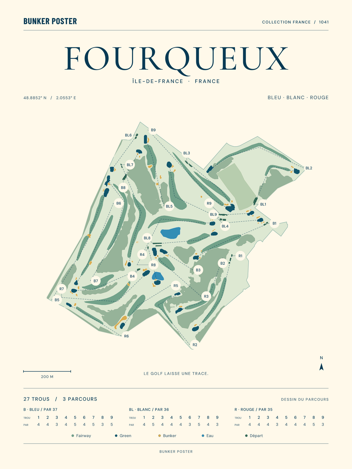 Golf de Fourqueux — Bleu, Blanc et Rouge — Marine sur sable — 30 × 40 cm