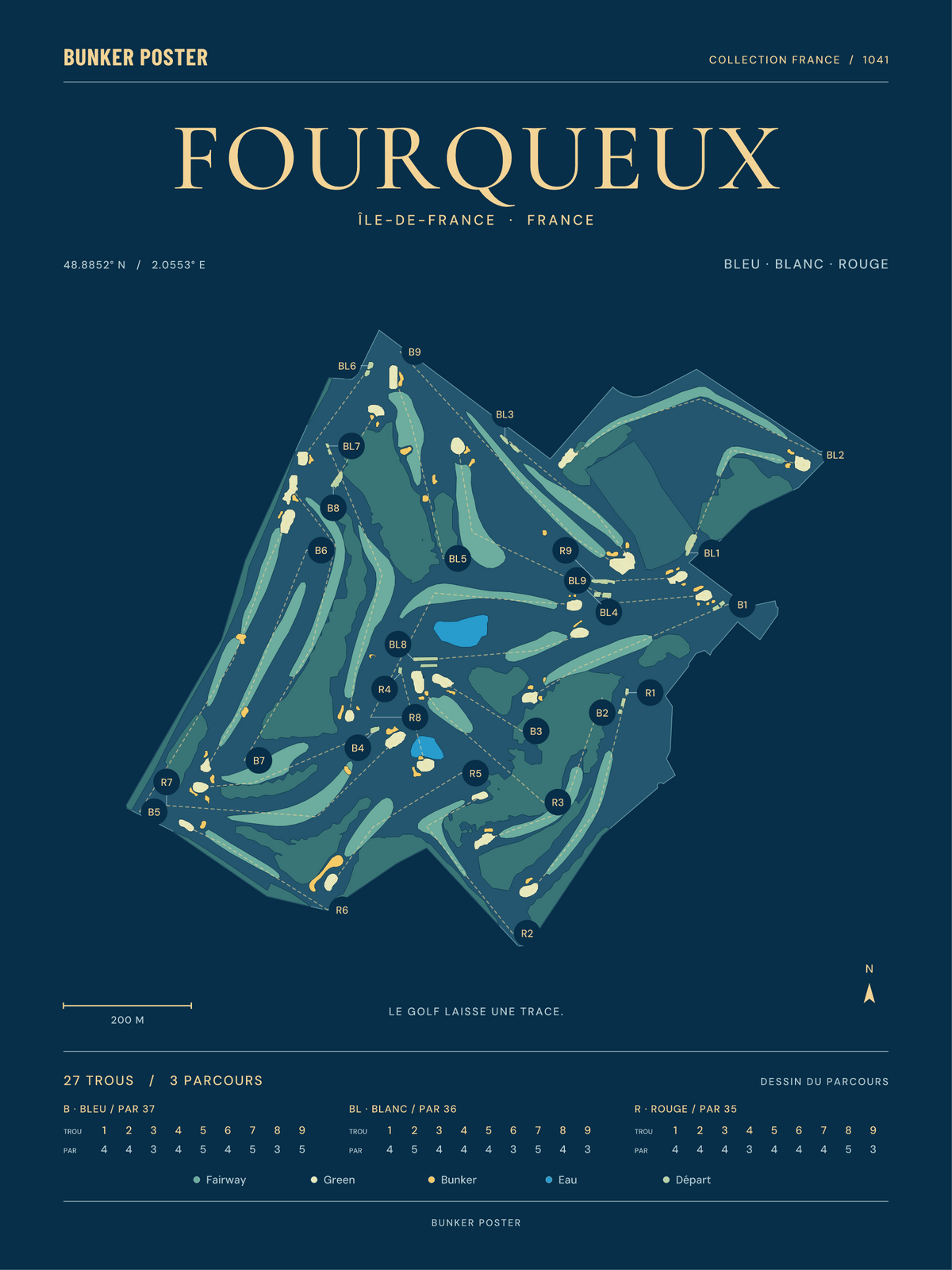 Golf de Fourqueux — Bleu, Blanc et Rouge — Sable sur marine — 30 × 40 cm