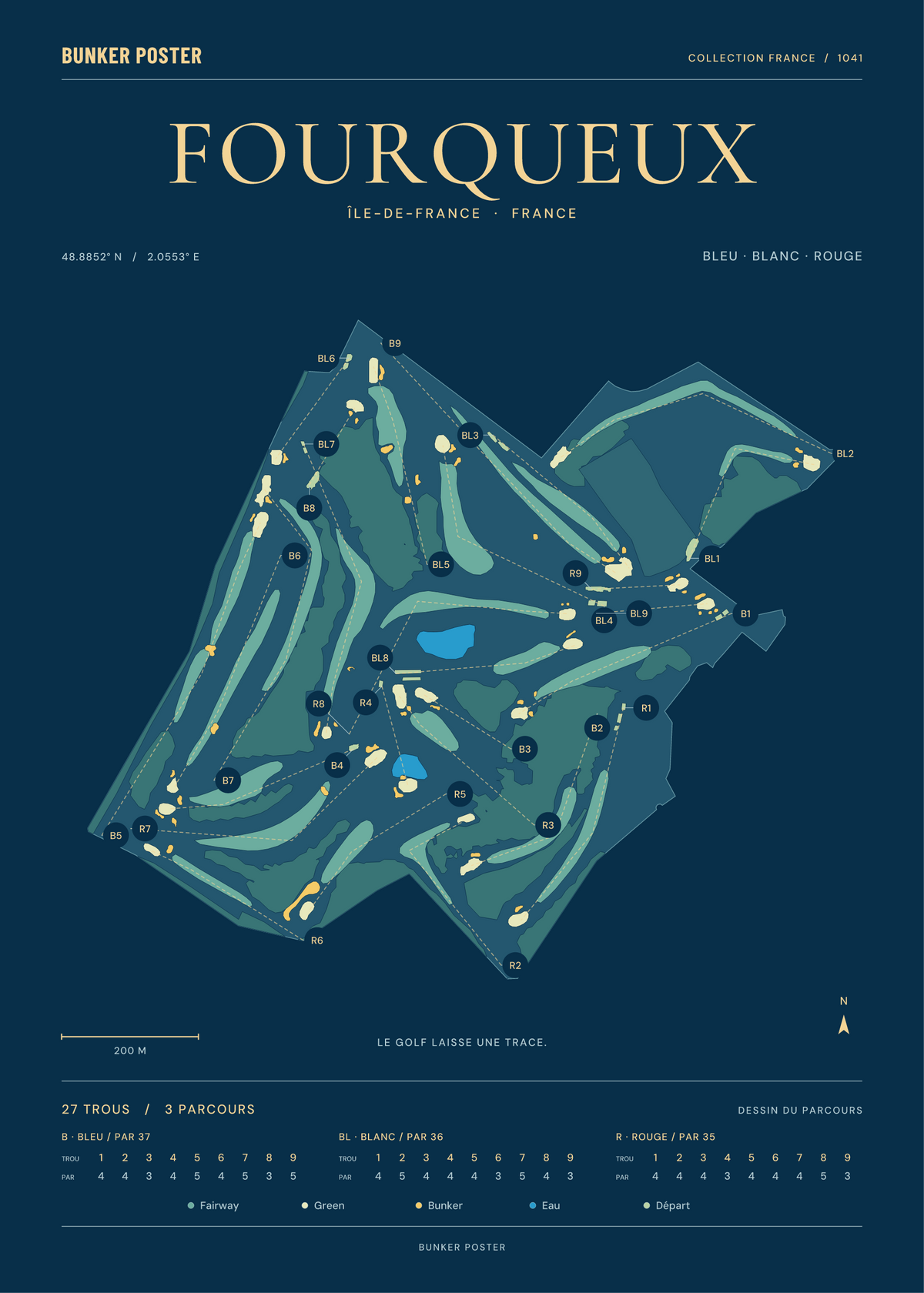 Golf de Fourqueux — Bleu, Blanc et Rouge — Sable sur marine — 50 × 70 cm